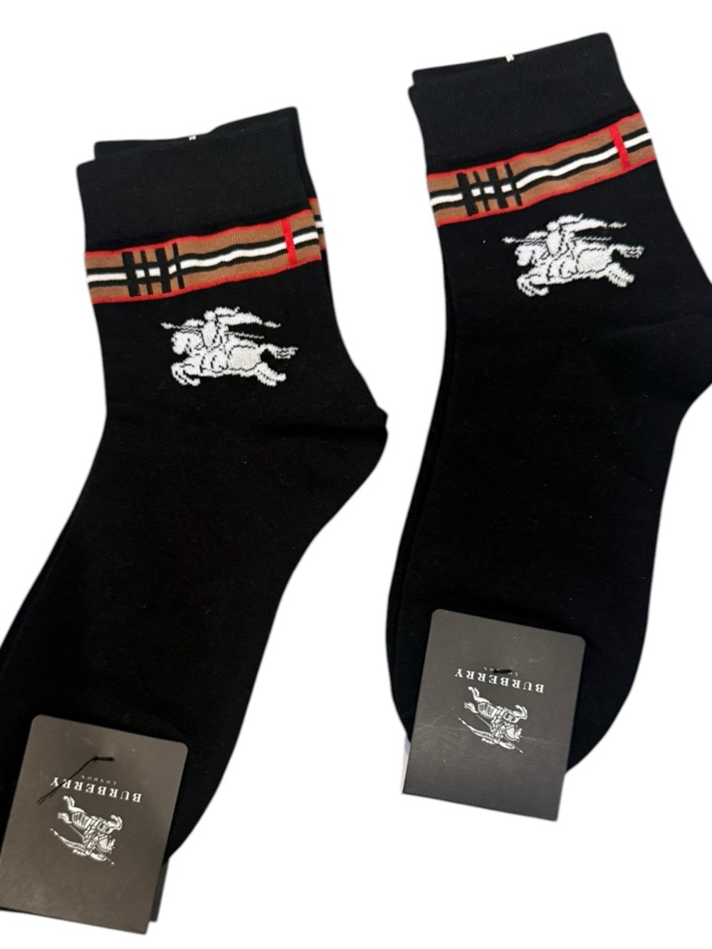 2 Pair Burberry Outlet Ankle Socks with Red & Beige Stripe and Classic Logo